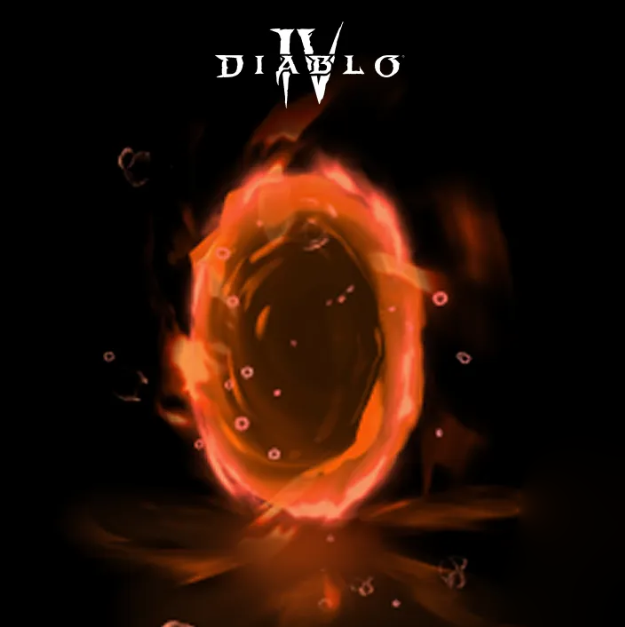 Ein leuchtend orangefarbenes Portal vor schwarzem Hintergrund, darunter das Logo von Diablo IV