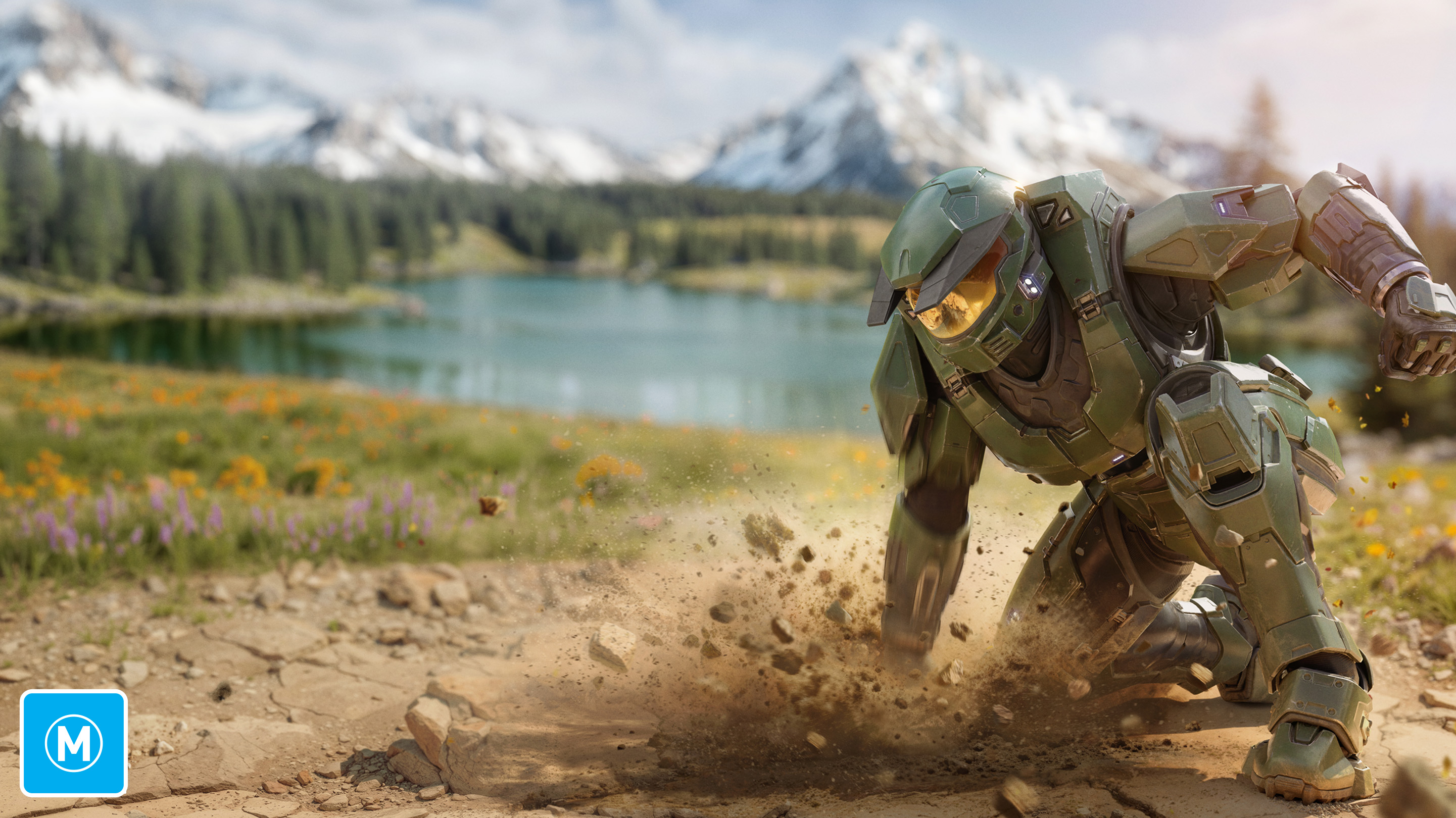 An armored soldier lands with a crash in front of a lake and mountain landscape.