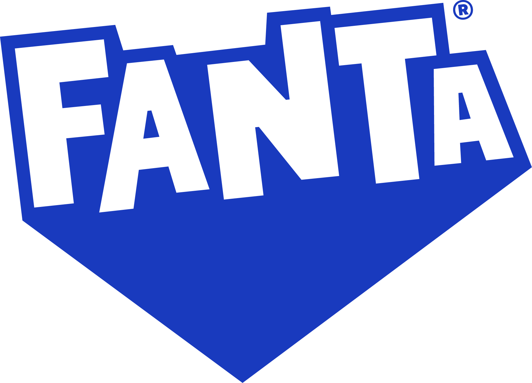 Logo avec le mot "Fanta" en lettres majuscules blanches, placé sur un losange bleu stylisé offrant un effet 3D.