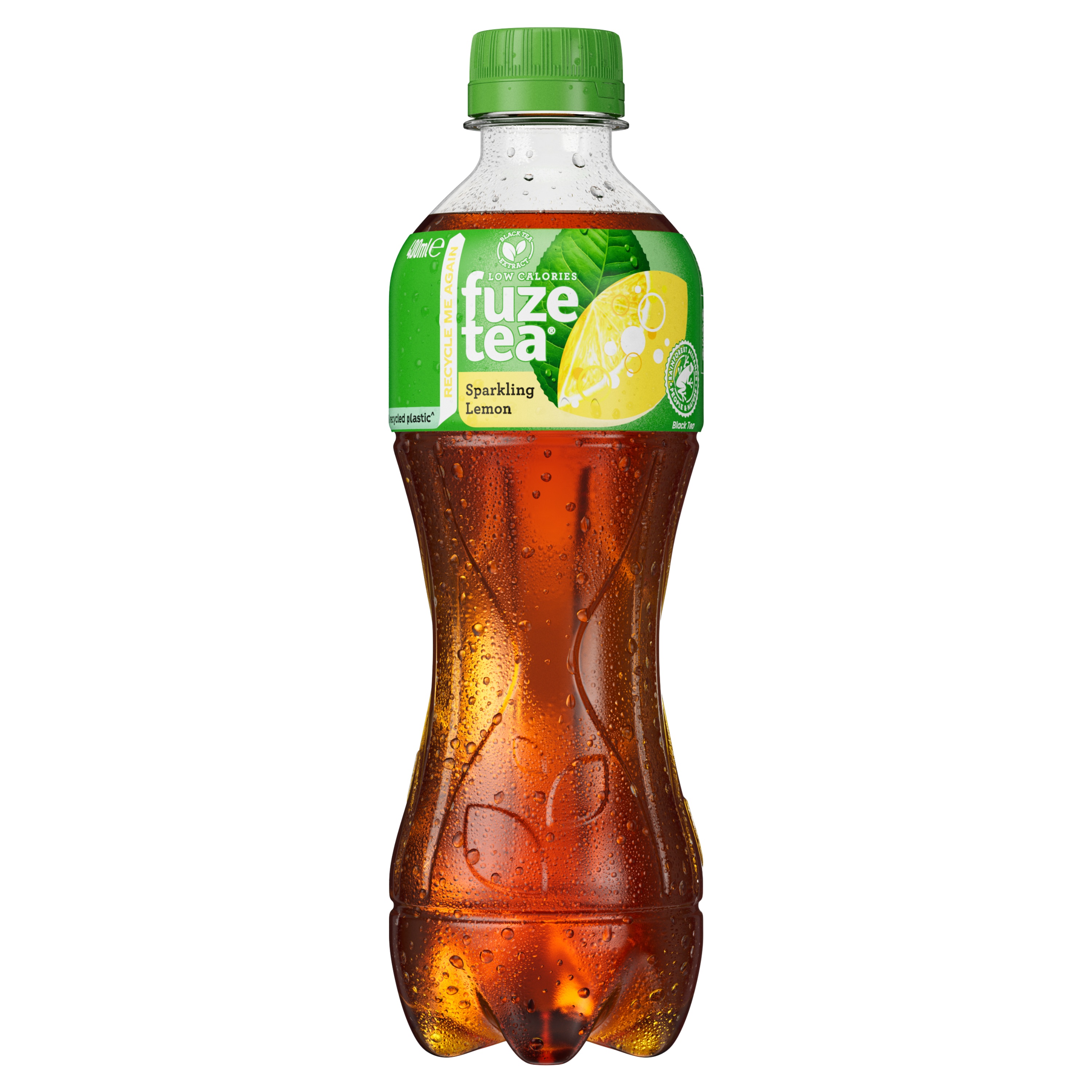 Fles Fuze Tea bruisend citroen, groene etikettering met citroenpart en belletjes, amberkleurige drank met zichtbare bubbels.