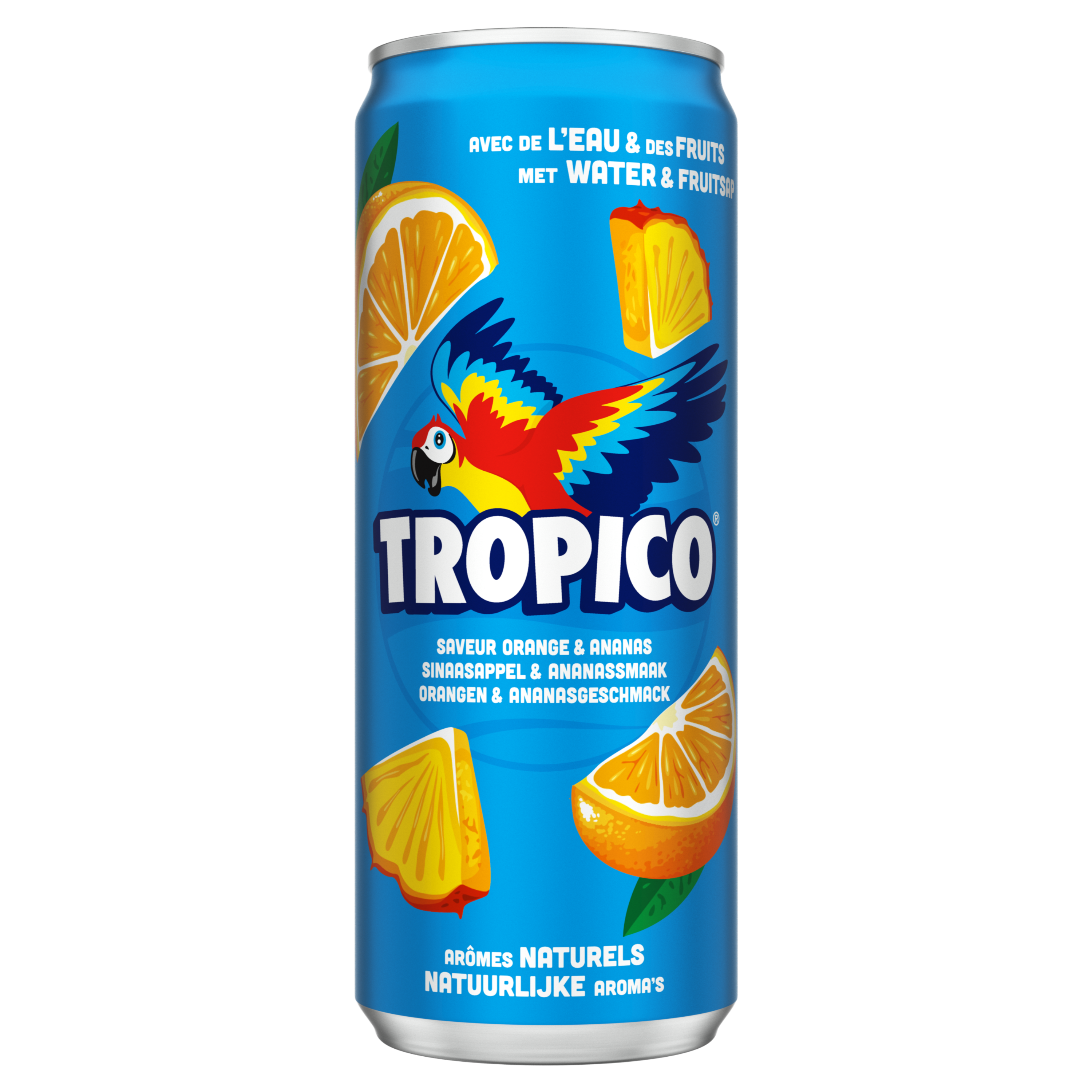 Canette bleue « Tropico » décorée d’un perroquet coloré entouré de quartiers d’orange et morceaux d’ananas. Texte présent sur la canette : « Avec de l’eau et des fruits » « Saveur orange & ananas » « Arômes naturels »