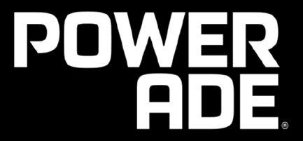 Logo rectangulaire noir avec le nom "Powerade" en lettres majuscules blanches, police épaisse et moderne.