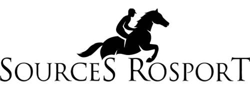 Logo noir et blanc avec la silhouette d’un cavalier sur un cheval suivie des mots "Sources Rosport" en lettres majuscules noires élégantes.