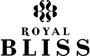 Logo sur fond blanc avec un symbole graphique noir abstrait au-dessus du nom "Royal Bliss" en lettres majuscules noires élégantes.