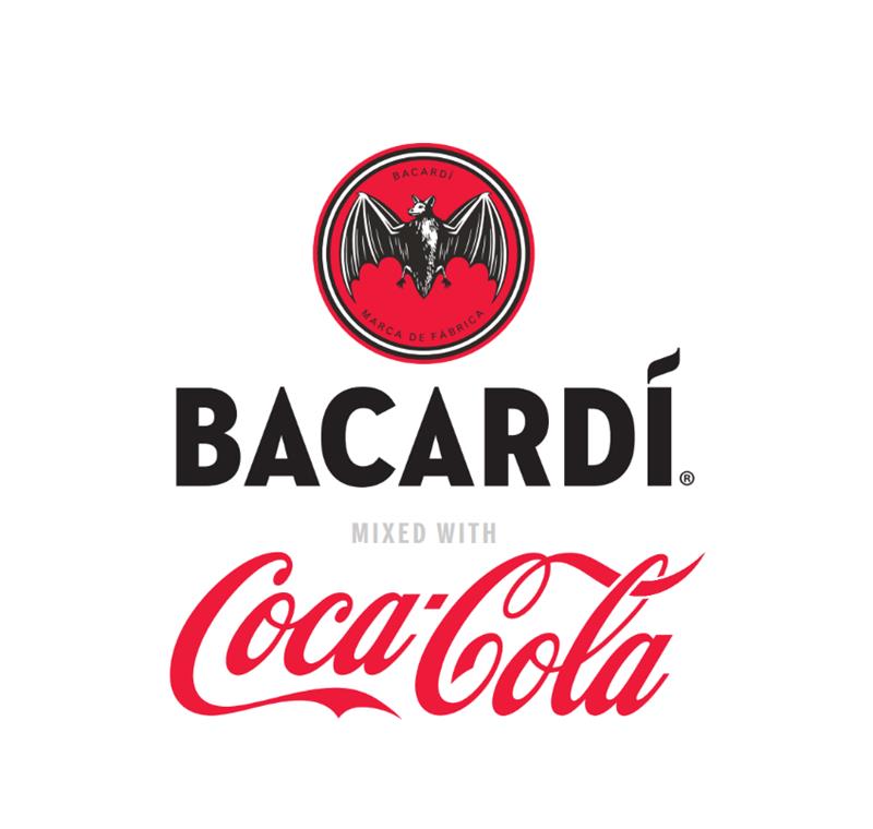 L’image présente le logo de Bacardi au-dessus des mots "Bacardi mixed with Coca-Cola". Le logo Bacardi montre une chauve-souris noire dans un cercle rouge avec un contour noir et la mention "Marca de Fabrica". Sous le logo Bacardi figure le mot "Coca-Cola" écrit en rouge dans la typographie ondulée caractéristique de la marque. L’arrière-plan est blanc.