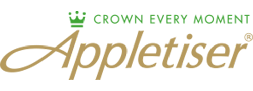 Logo op witte achtergrond met de naam "Appletiser" in gouden cursieve letters, erboven de zin "Crown Every Moment" in groen en een kleine groene kroon.
