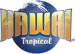 Logo met de naam "Hawaï" in gele letters met blauwe rand, op een ronde blauwe achtergrond, met daaronder het woord "Tropical" in wit.