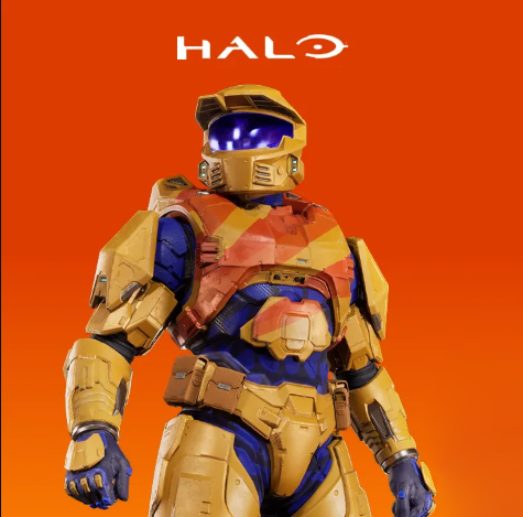 Master Chief in een oranje Fanta‑pantser, onder een Halo‑logo tegen een oranje achtergrond.
