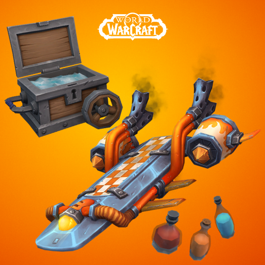 De fantasierijke Goblin Waveshredder‑surfplank als skateboard‑mount, een verfbare fles en een robuuste draagbare koelbox tegen een oranje achtergrond, onder een World of Warcraft‑logo.