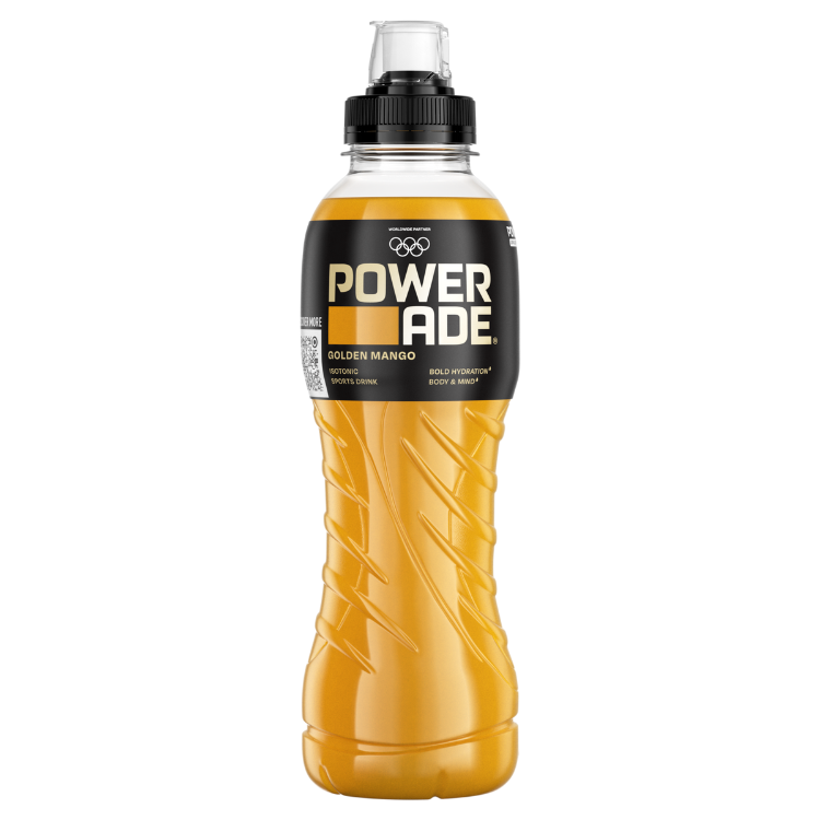 Een fles gele Powerade-sportdrank met het etiket "Powerade Golden Mango" en een sportdop.
