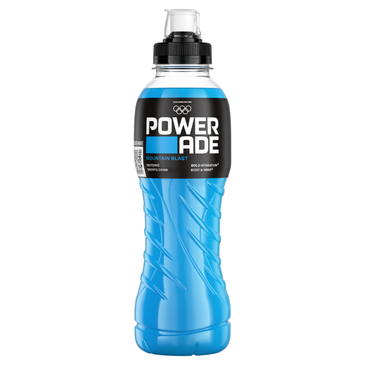 Een fles blauwe Powerade-sportdrank met het etiket "Powerade Mountain Blast" en een sportdop.