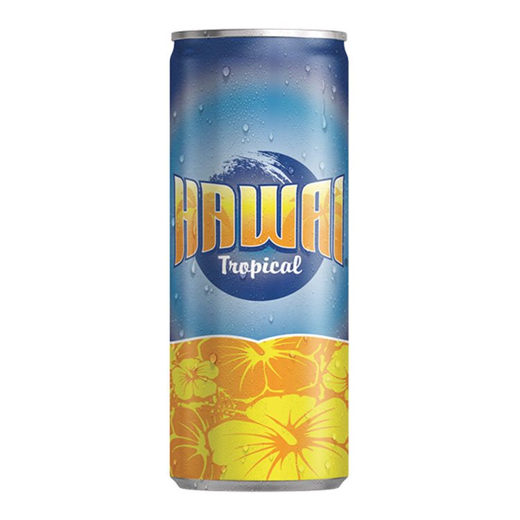 Blauwe verloop-blik “HAWAI Tropical” met bovenaan het logo en de golf, en onderaan een gele band met grote hibiscusbloemen.