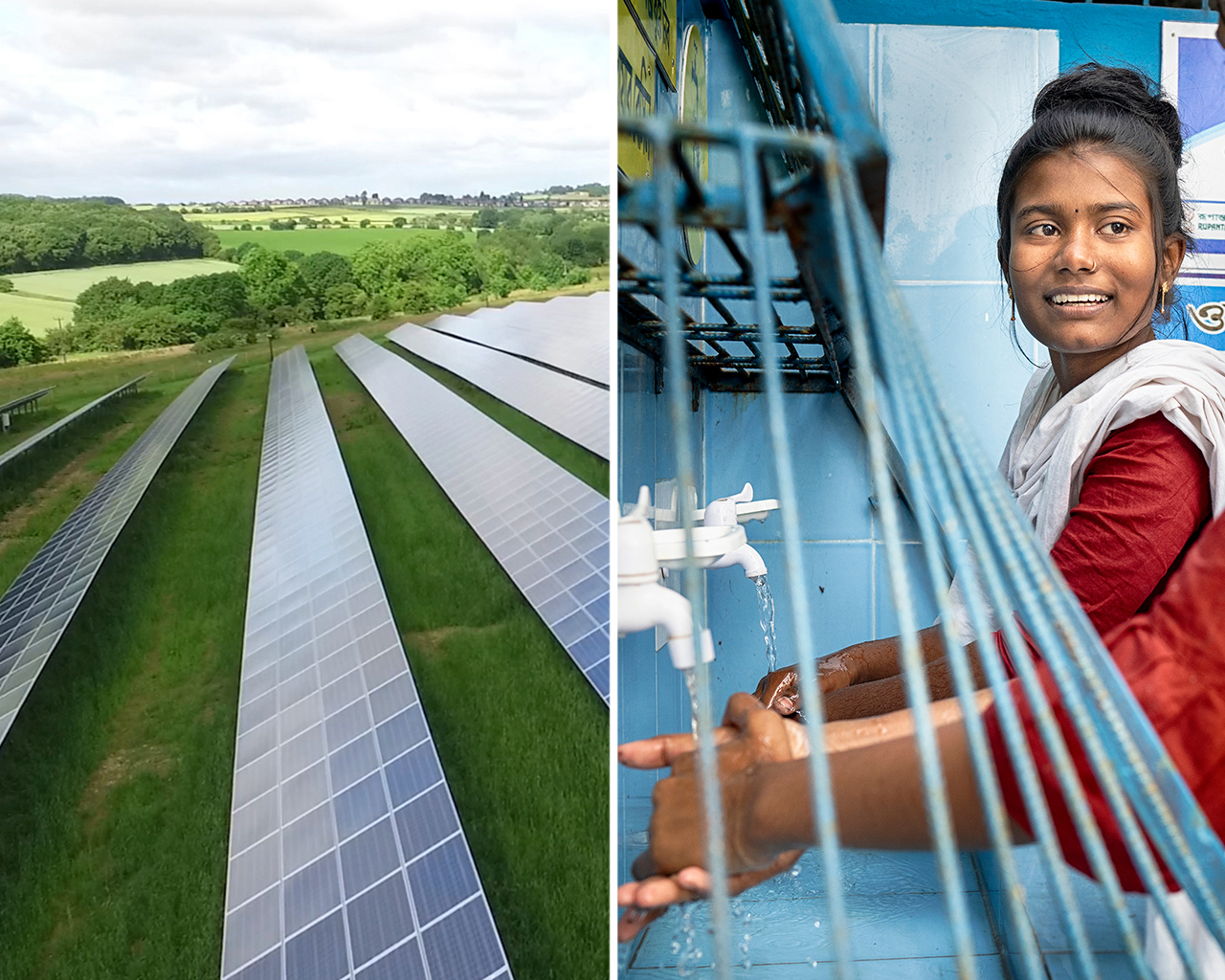 Foto in tweeën verdeeld: links zonnepanelen geïnstalleerd in een groene weide, rechts een vrouw die haar handen wast bij een kraan in een blauwgetinte omgeving.