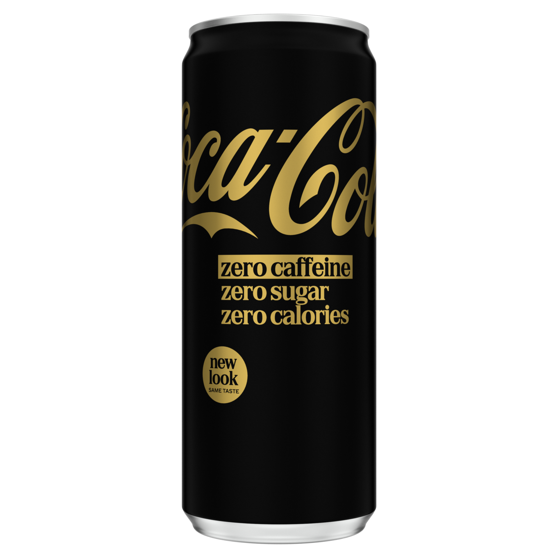 Afbeelding van een zwarte Coca-Cola-blik met het zwarte logo “Coca-Cola”, de tekst “Zero Sugar” gevolgd door “Zero Caffeine” op een witte achtergrond in het midden, en de woorden “No Calories No Sugar” onderaan.