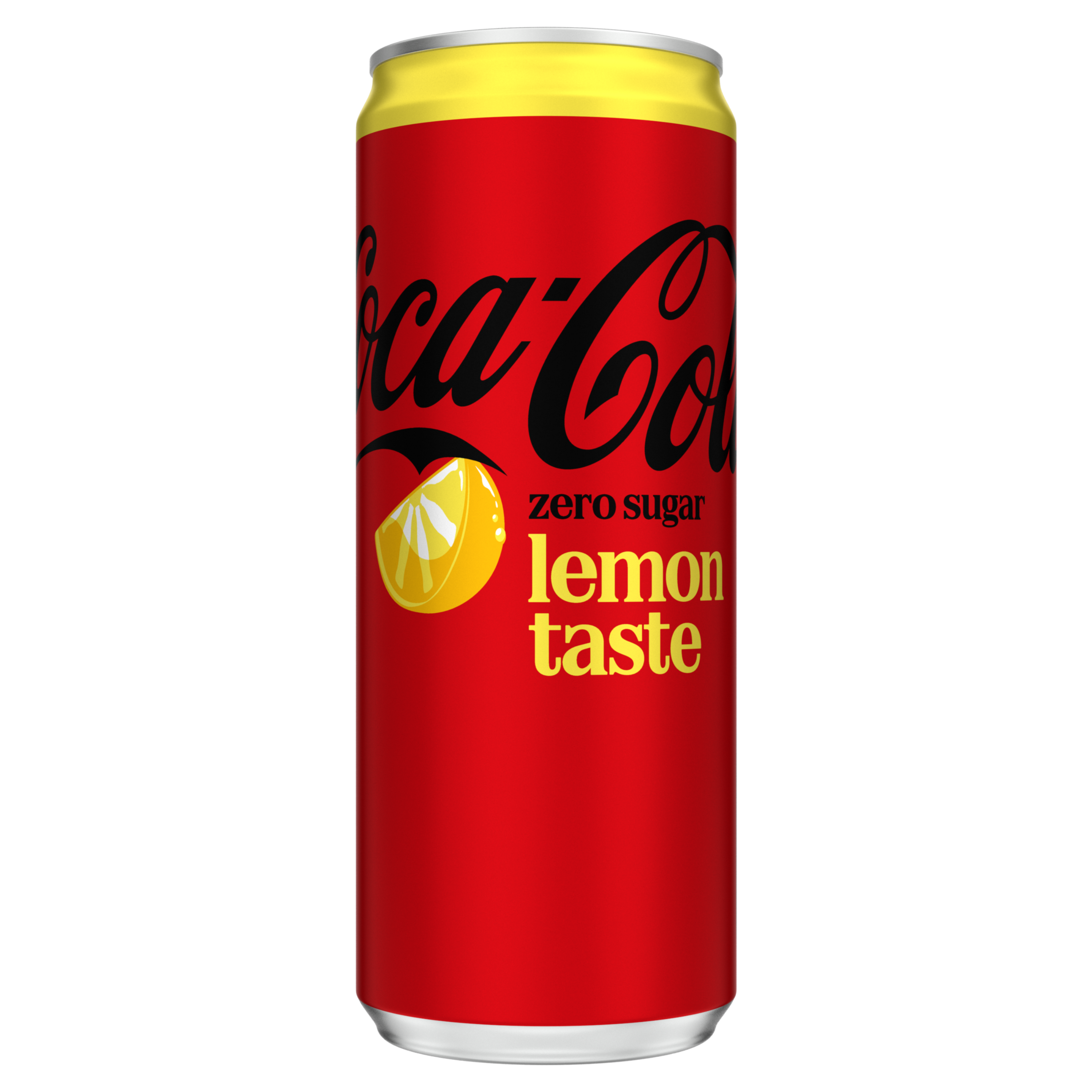 Afbeelding van een tweekleurig Coca-Cola-blik met geel bovenaan en rood onderaan. Het zwarte logo “Coca-Cola” staat erop, met bovenaan de tekst “Lemon”, in het midden “Zero Sugar” en onderaan de woorden “No Calories”.