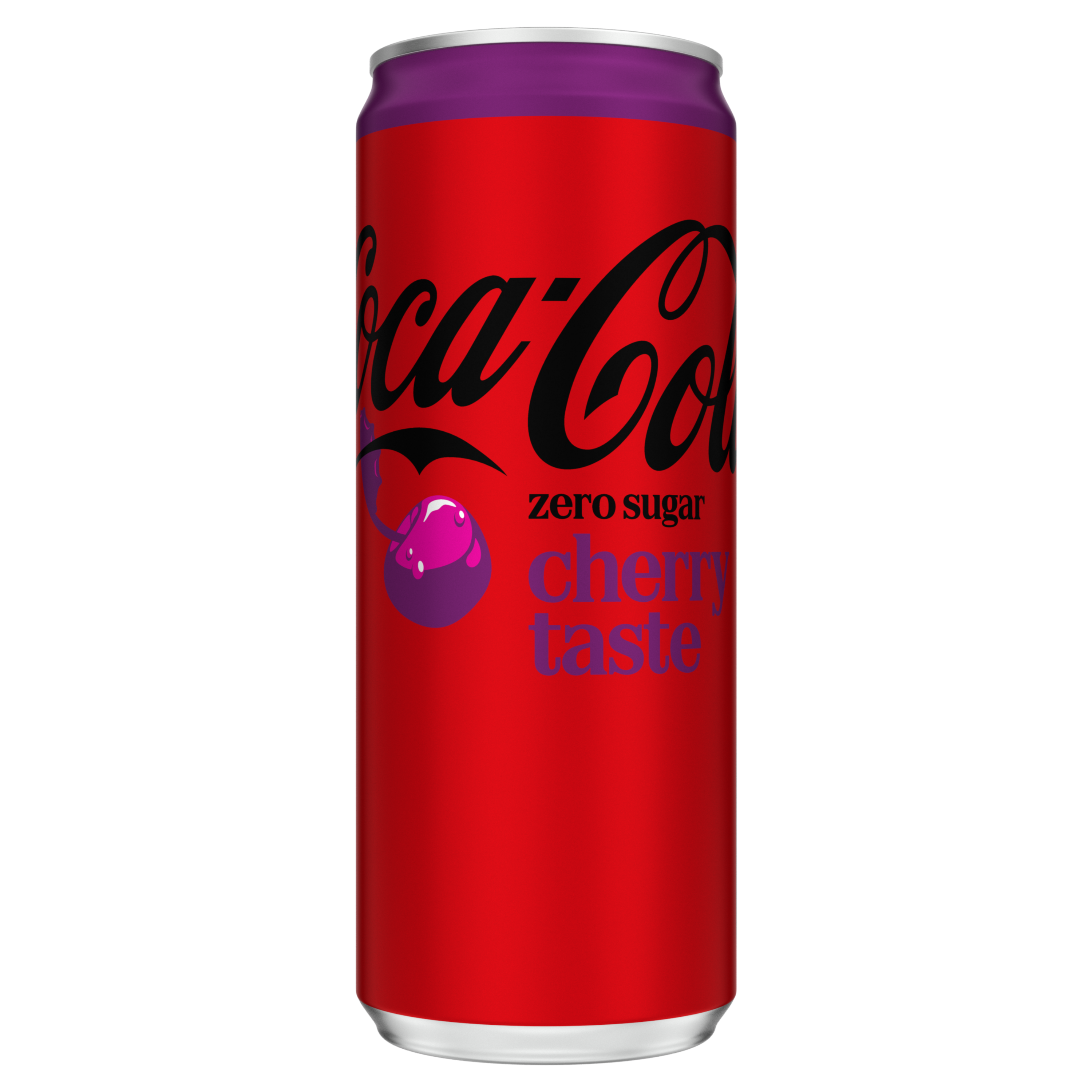 Afbeelding van een tweekleurig Coca-Cola-blik met bovenaan roze en onderaan rood. Het zwarte logo “Coca-Cola” staat erop, met bovenaan de tekst “Cherry”, in het midden “Zero Sugar” en onderaan de woorden “No Calories”.