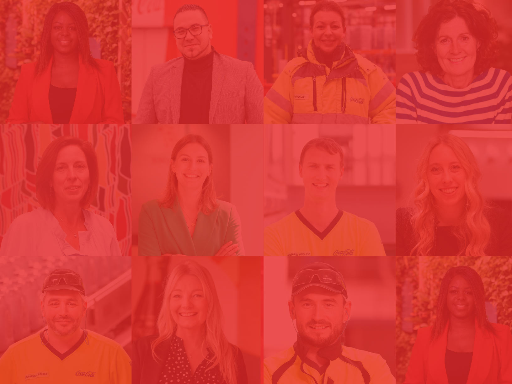 Photo avec plusieurs personnes de différents métiers travaillant pour Coca‑Cola, portant des tenues variées et présentes dans divers environnements.
