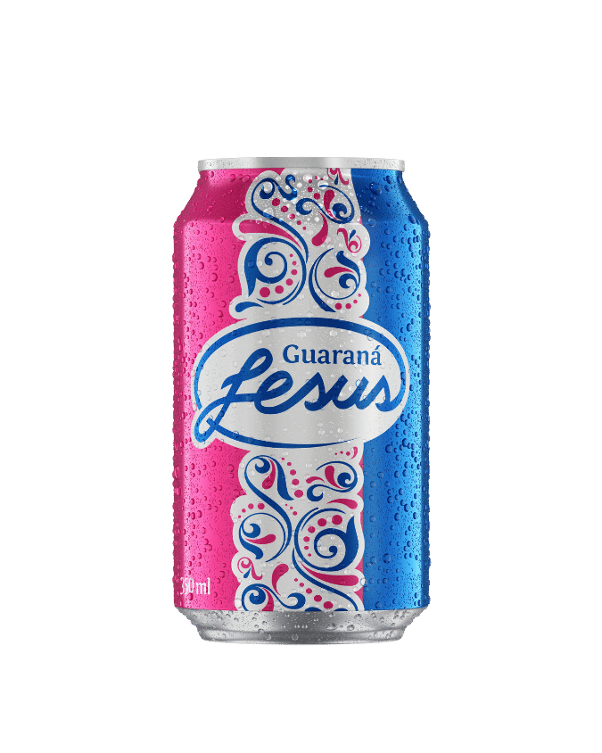 Uma lata de Guarana Jesus em um fundo branco.