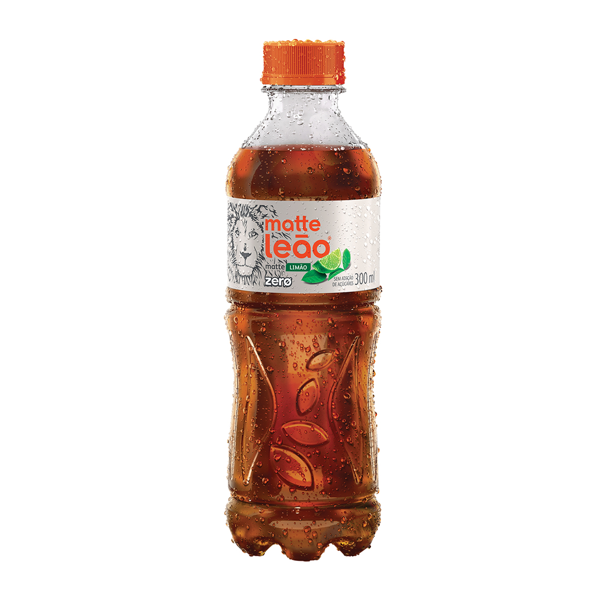 Uma garrafa de Ice Tea Leão em um fundo branco.