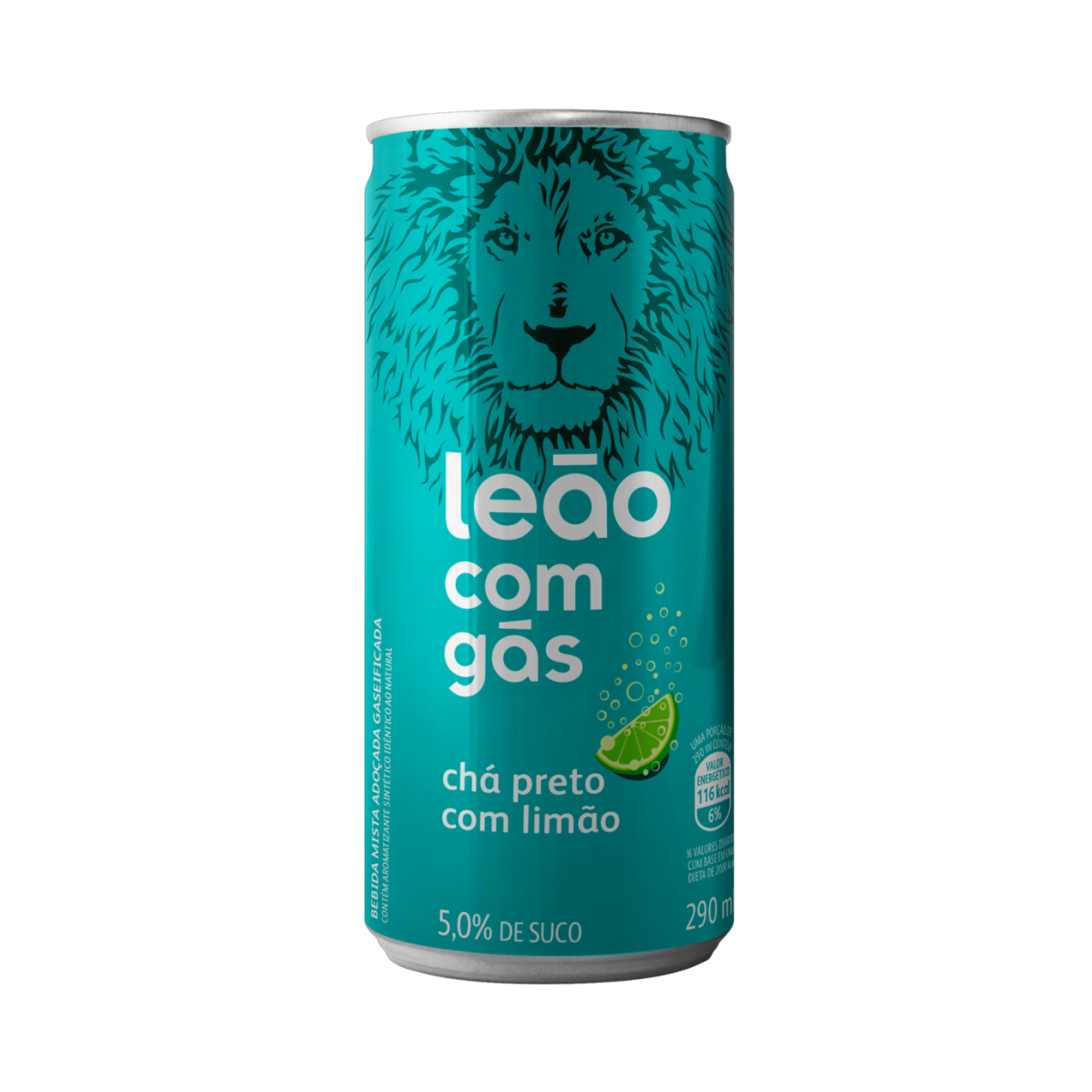 Leão com gás - limão : uma lata de refrigerante com o logo da marca de Chás Leão, com sabor de lima-limão.