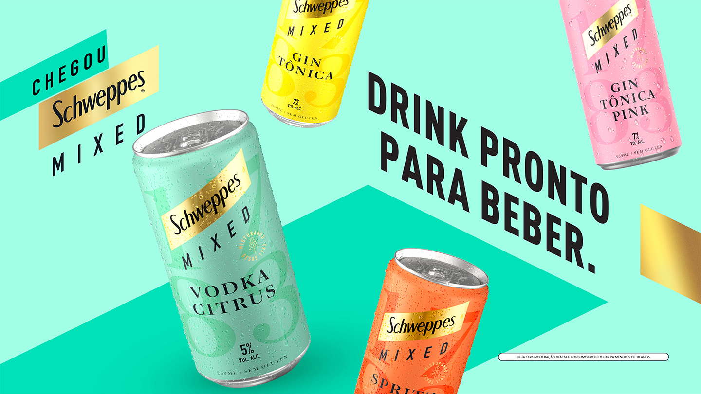 Banner promocional de Schweppes Mixed: bebidas prontas para beber nos sabores Gin Tônica Pink, Gin Tônica, Vodka Citrus e Spritz. Imagem com latas coloridas e texto 'Chegou. Drink pronto para beber'