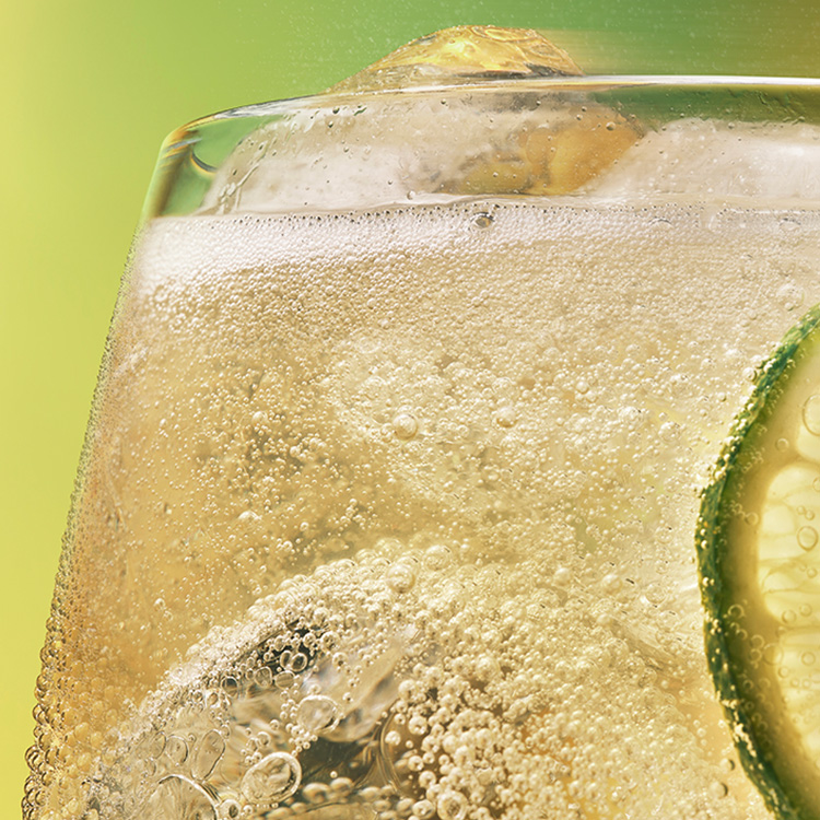 Um Toreador Ginger Ale com cubos de gelo e uma fatia de lima e limão em um copo. A bebida é borbulhante e parece refrescante sobre um fundo verde