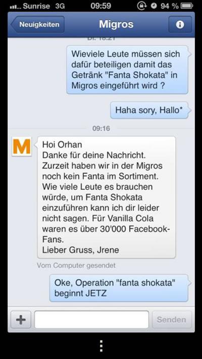 Ausschnitt aus einem SMS Verlauf mit der Migros, weshalb sie Fanta Shokata nicht anbieten