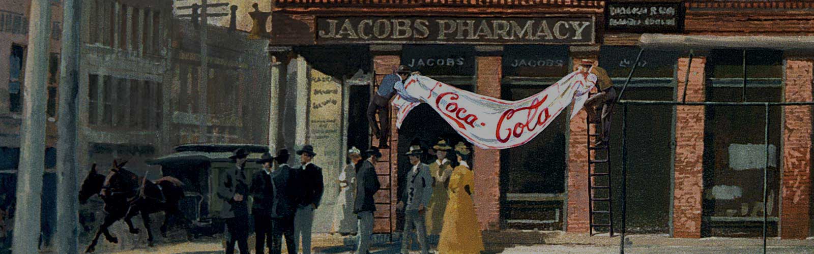 Eine Malerei der Jacobs Apotheke mit einem Coca-Cola Banner