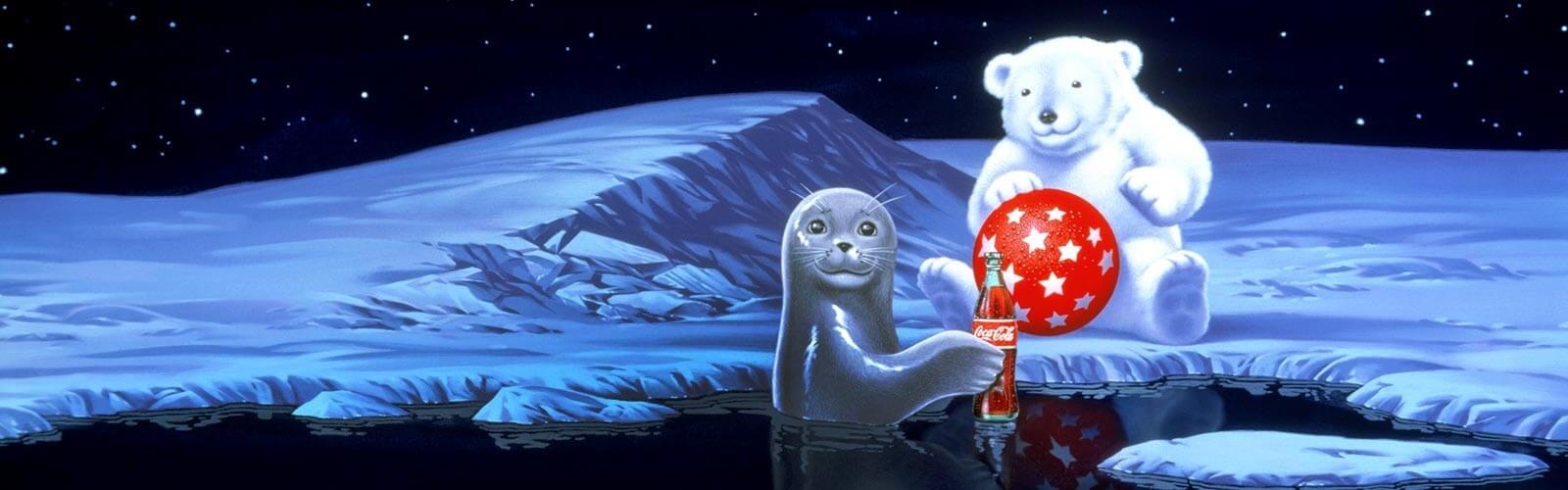 Eine Robbe mit einer Coca-Cola und ein Eisbär mit einem roten Ball mit weissen Sternen drauf