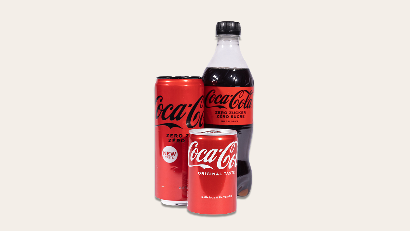 Coca-Cola Mini-Dose, normale Dose und Flasche
