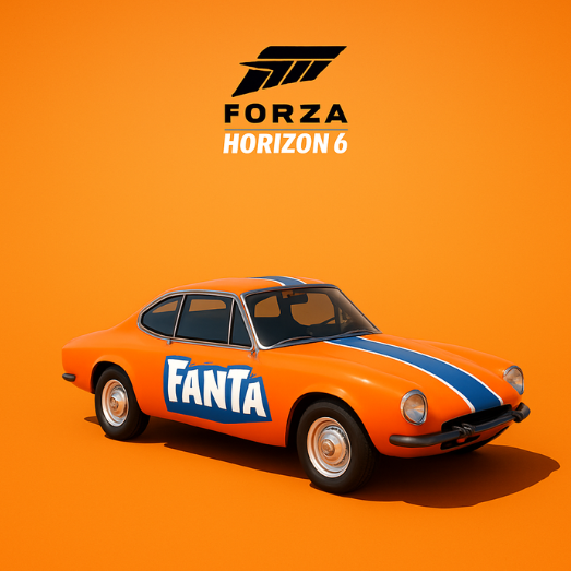 An orange car parked in a beach parking lot with its door open, under a Forza Horizon 6 logo.