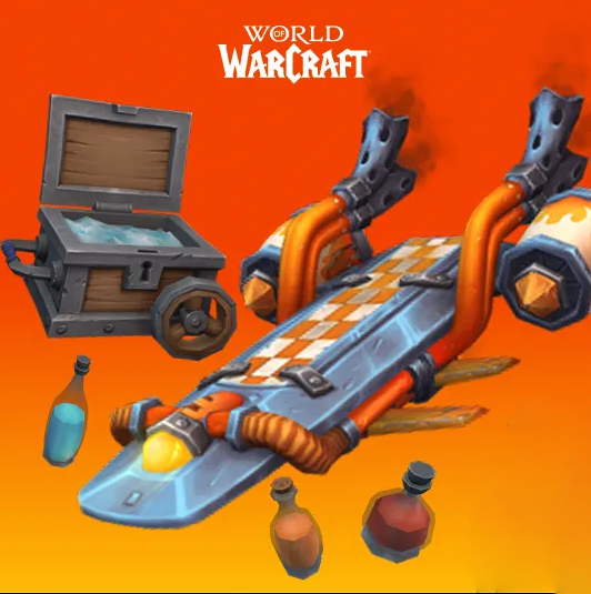 The Fantastical Goblin Waveshredder skateboard attachment, a Dyeable Bottle, and a Sturdy Portable Ice Chest against an orange background and under a World of Warcraft logo.