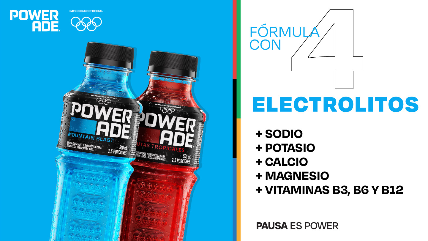 Botellas de Powerade Mountain Blast y Frutas Tropicales, fórmula con 4 electrolitos: sodio, potasio, calcio, magnesio, y vitaminas B3, B6 y B12.​