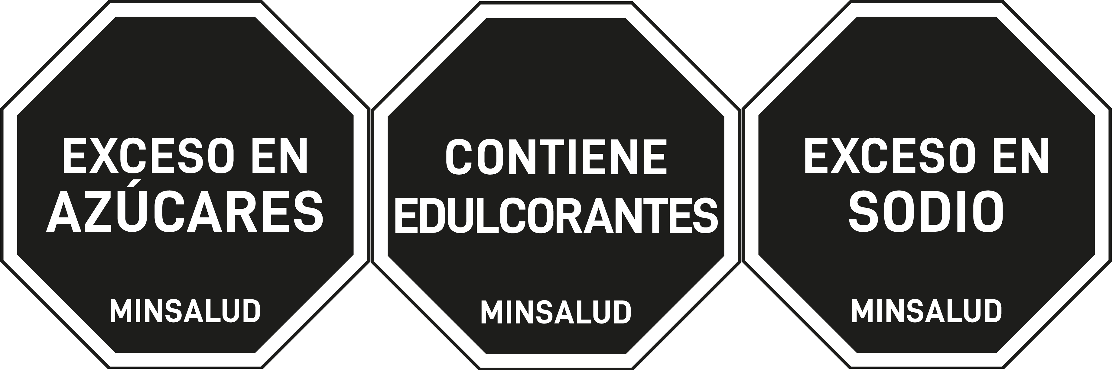 Tres sellos de "EXCESO EN AZÚCARES", "CONTIENE EDULCORANTES", "EXCESO EN SODIO"