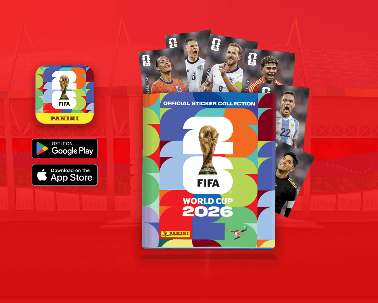 Álbum digital FIFA World Cup 2026™ y logos App Store y Google Play