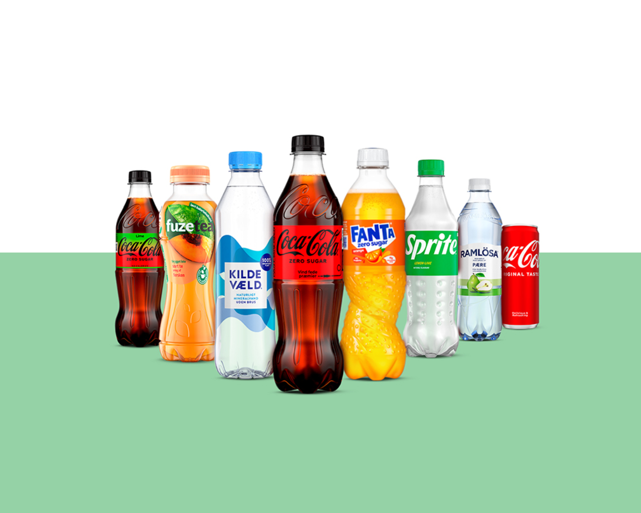 Forskellige Coca-Cola-produkter på hvid og grøn baggrund