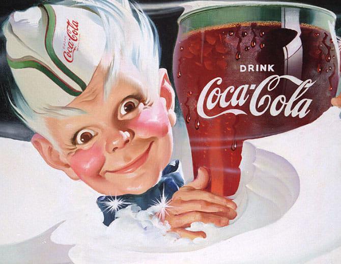Illustratsioon suurest Coca‑Cola pudelist, mida hoitakse käes, joogis mullid ja vaht.