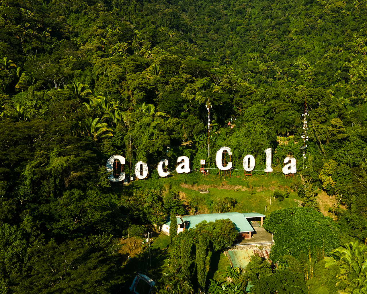 Suured valged Coca‑Cola tähed rohelises metsamaastikus mäenõlval.