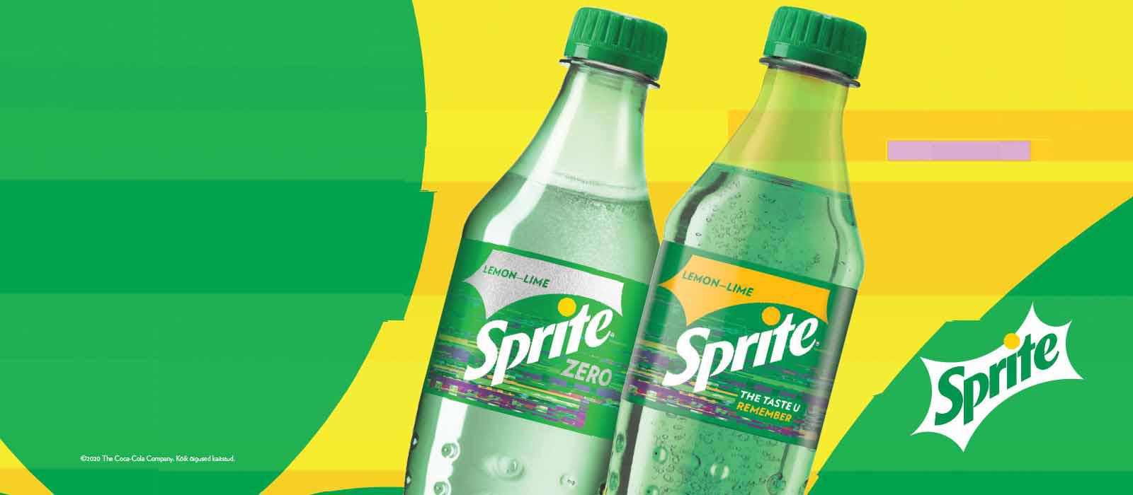 Kaks Sprite sidruni-laimi plastpudelit kollasel ja rohelisel taustal.