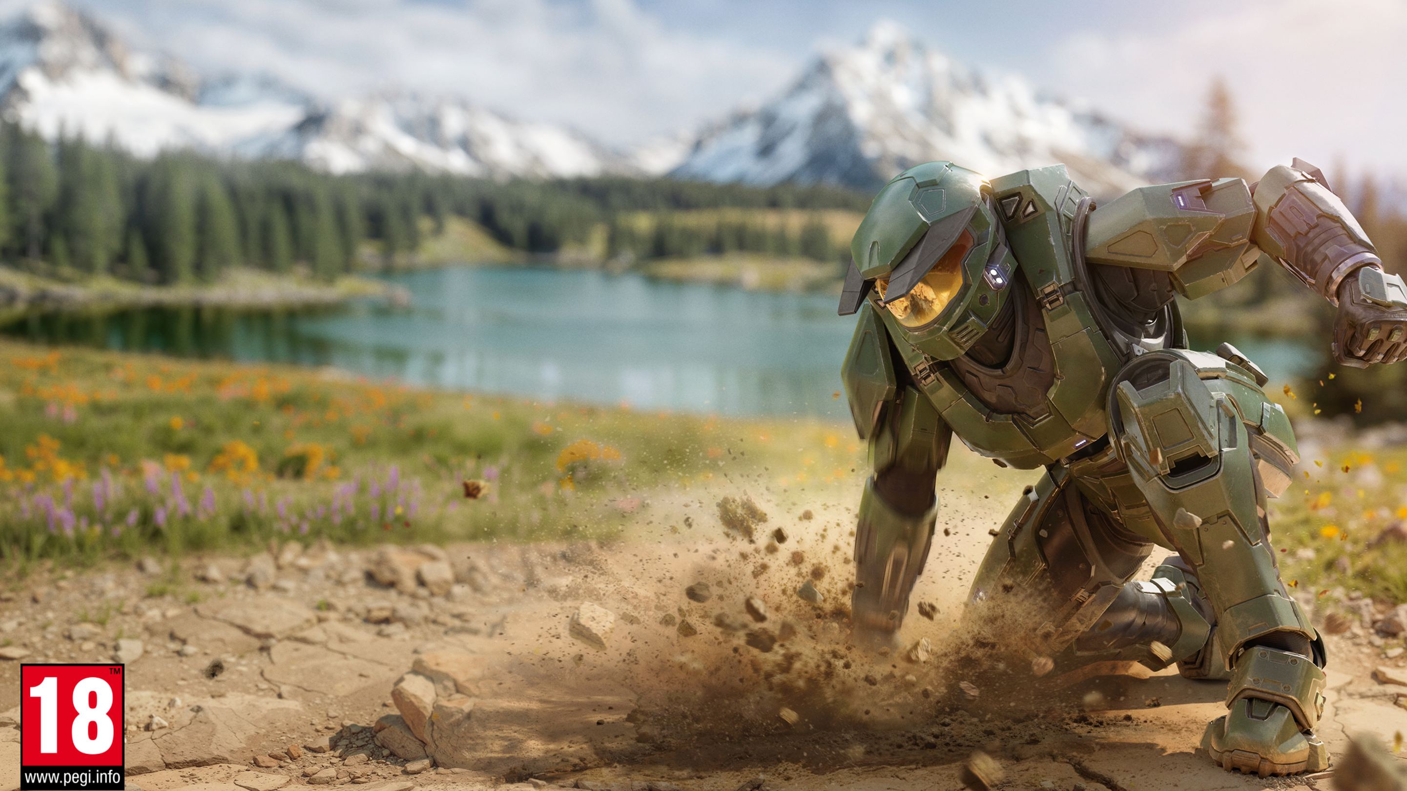 An armored soldier lands with a crash in front of a lake and mountain landscape