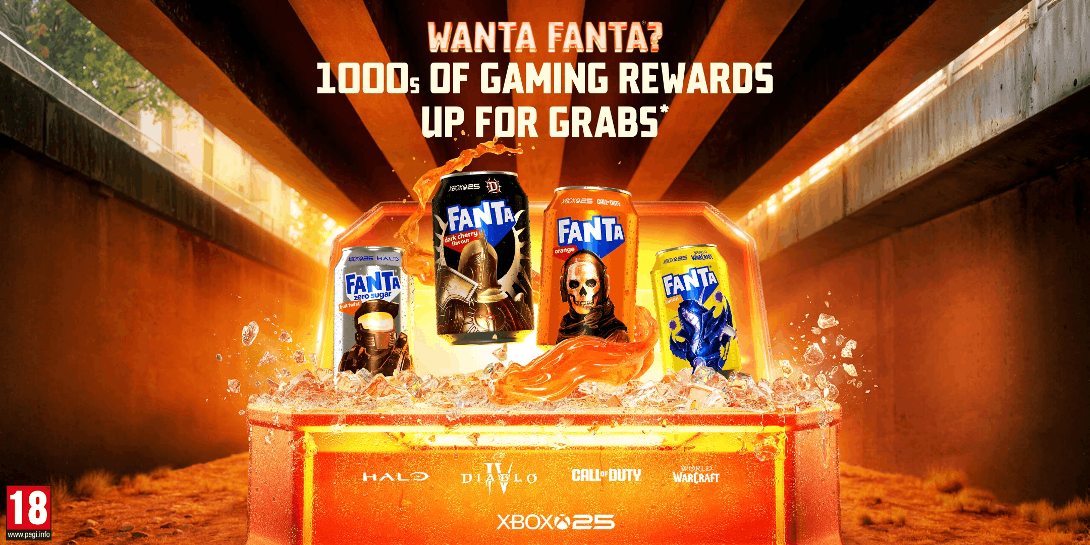 Cans of fanta with Xbox characters sitting in glowing Fanta rewards chest