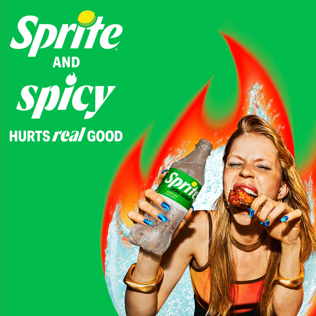 Sprite and spicy banner. Image of a girl eating spicy chicken and holding a bottle of Sprite.