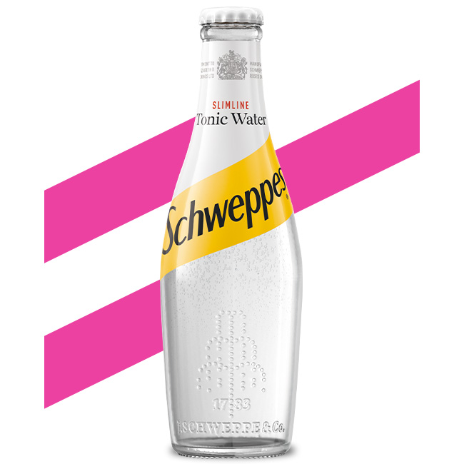 Schweppes Slimline Tonic Water bottle on white background.