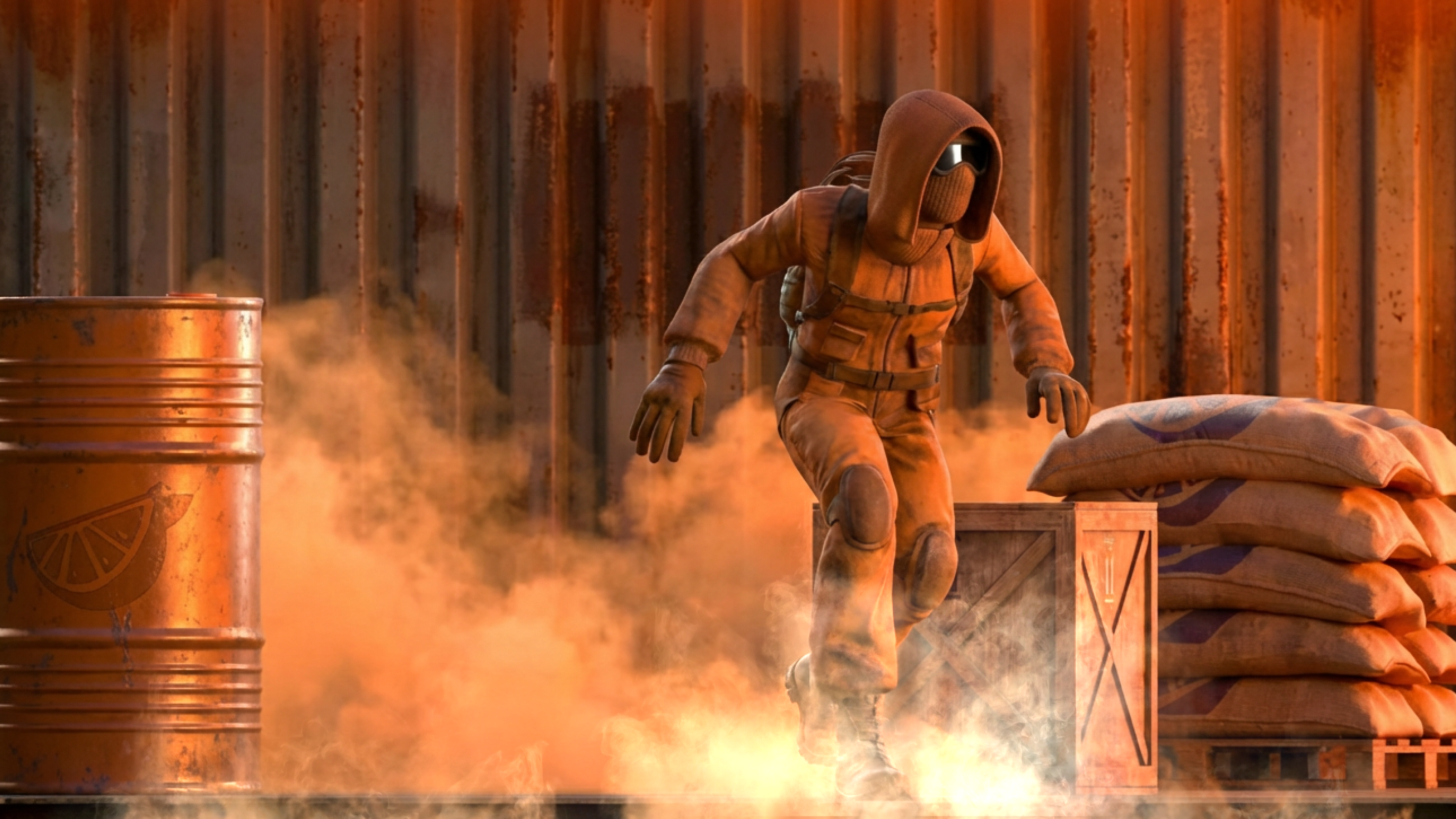 A Halo character stealthily infiltrates a base at dusk. 