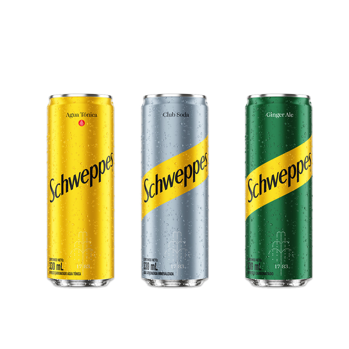 Tres latas de diferentes colores y sabores de Schweppes están dispuestas contra un fondo blanco. Los sabores incluyen Agua Tónica, Club Soda y Ginger Ale.