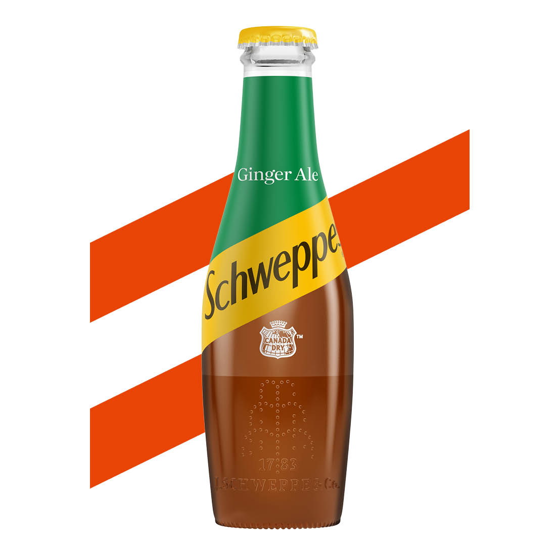 Schweppes Canada Dry Ginger Ale bottle on white background.
