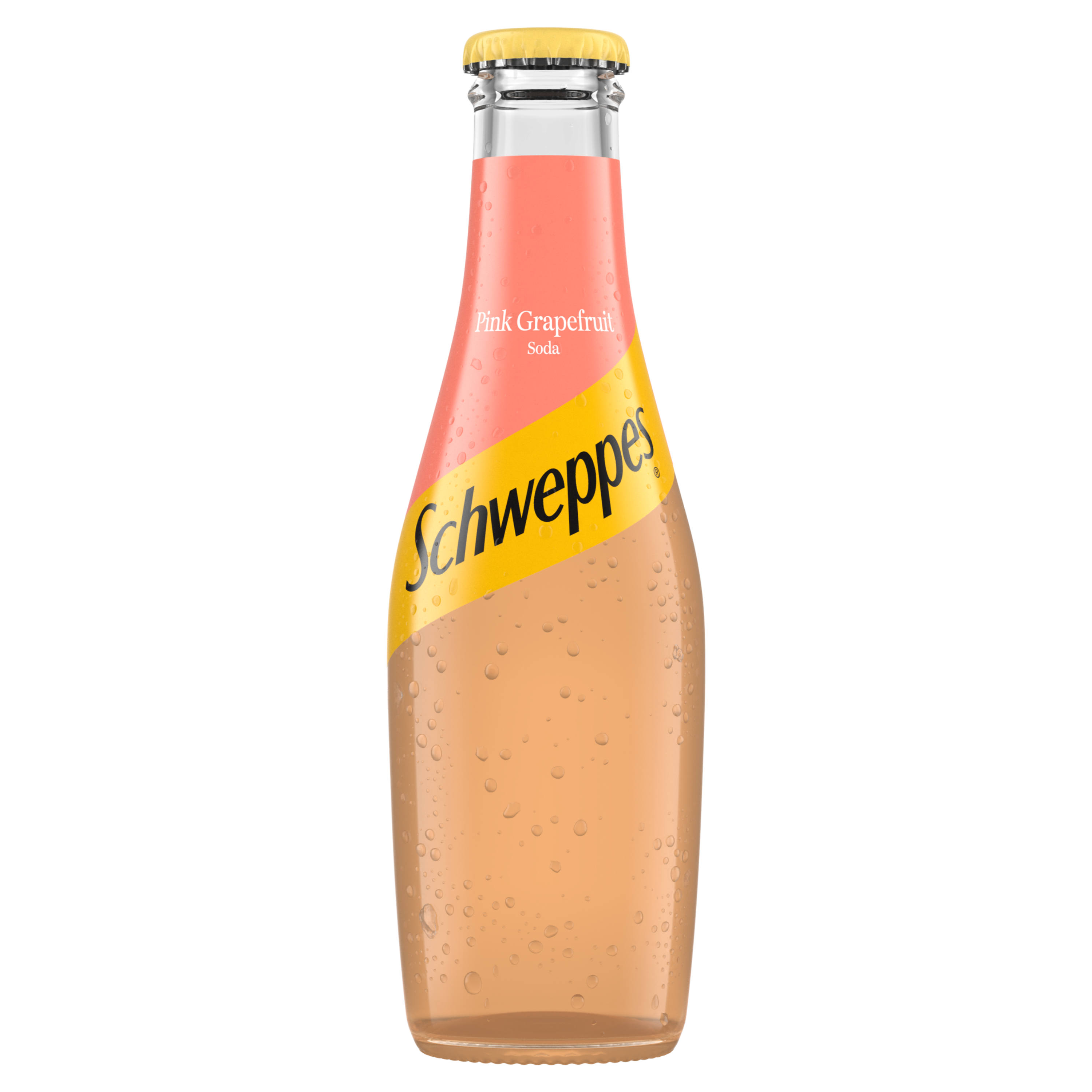 Schweppes Pink Grapefruit Soda bottle on white background.