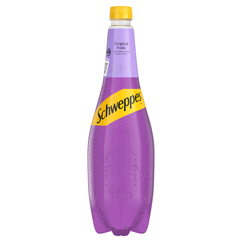 Schweppes Tropical Soda bottle on white background.