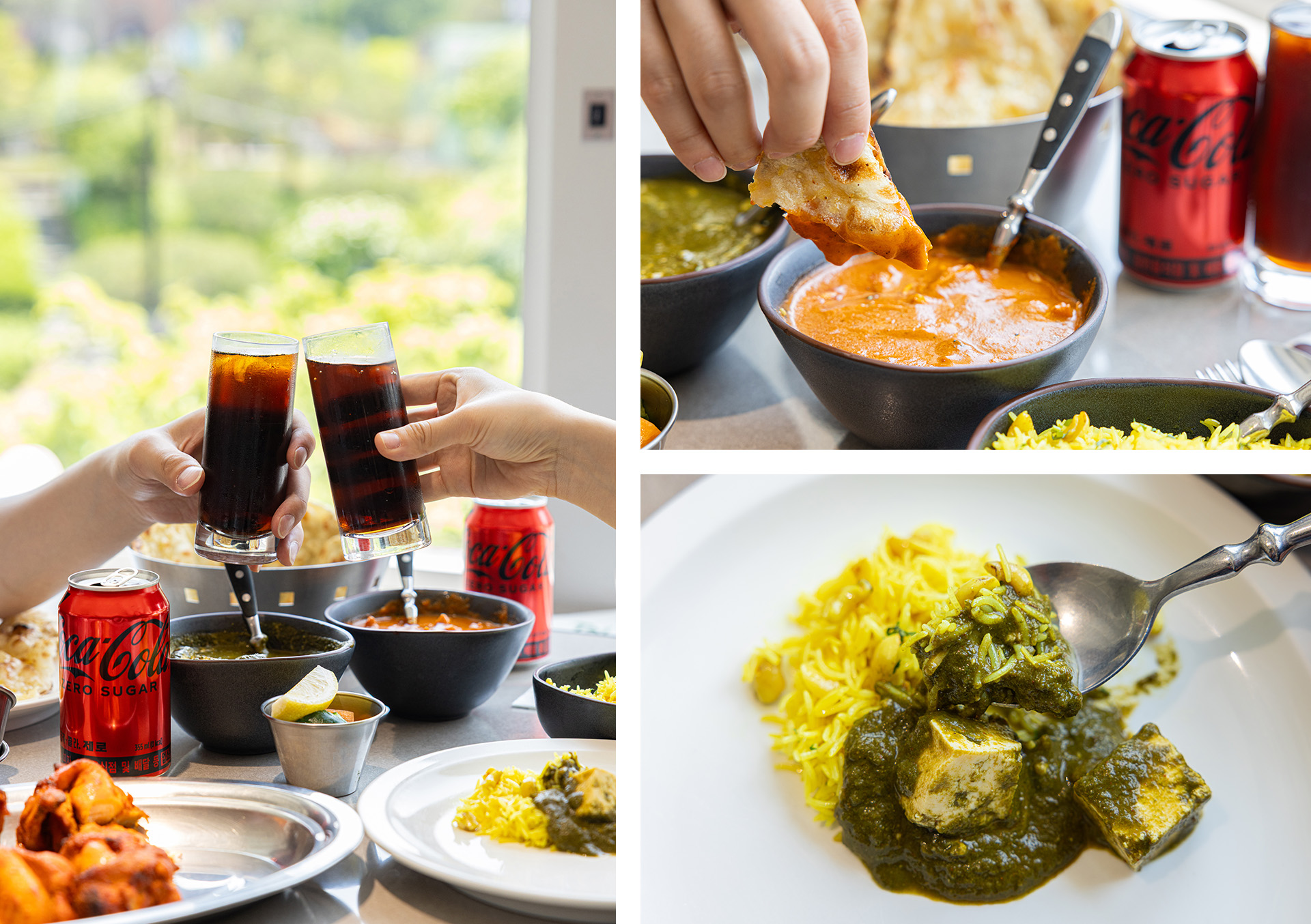 명동 레드리본 맛집, 타지의 대표 메뉴들을 코카-콜라 제로와 함께 즐기고 있는 사진