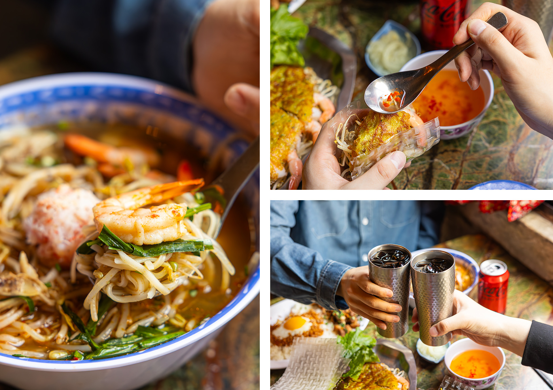 을지로 레드리본 맛집, 을지깐깐의 대표 메뉴들을 코카-콜라 제로와 함께 즐기고 있는 사진